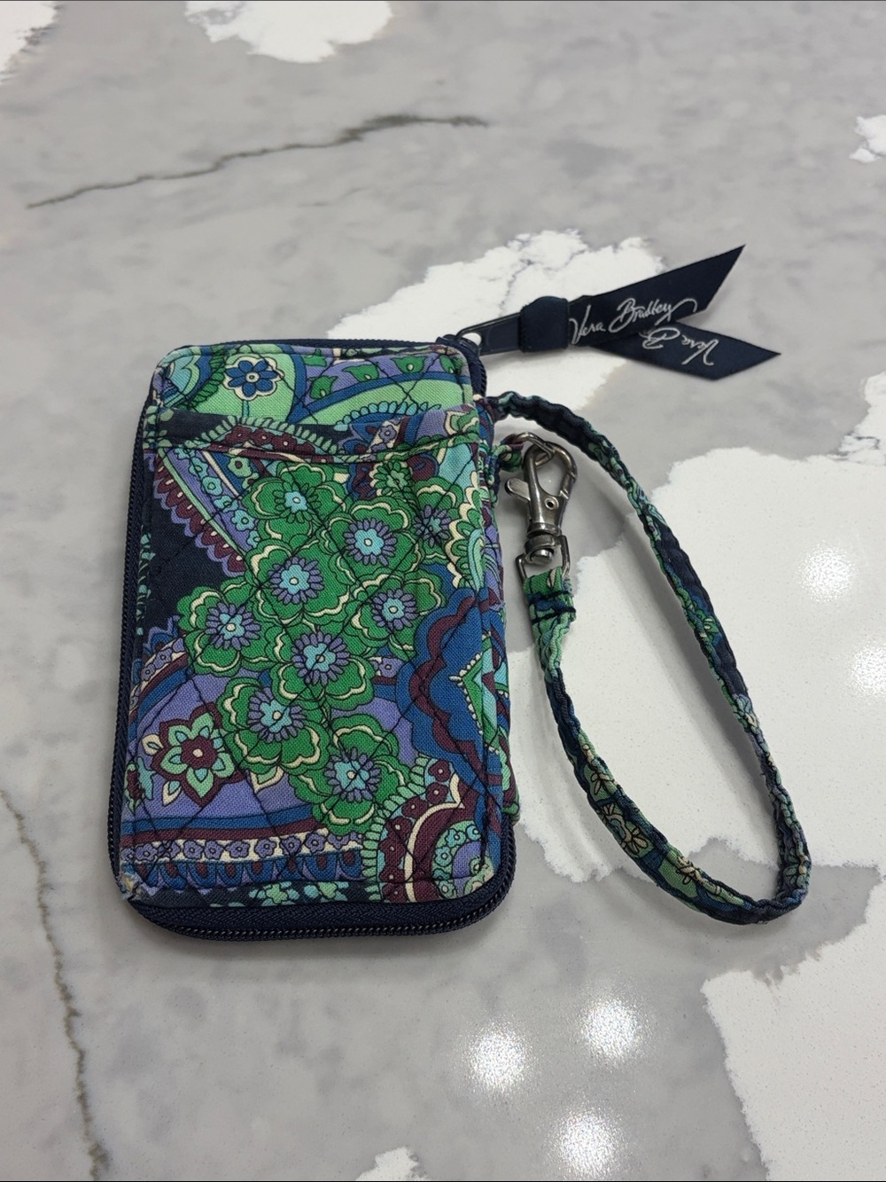 Vera Bradley Blue & Green Floral Wristlet Wallet ID Case with Strap
